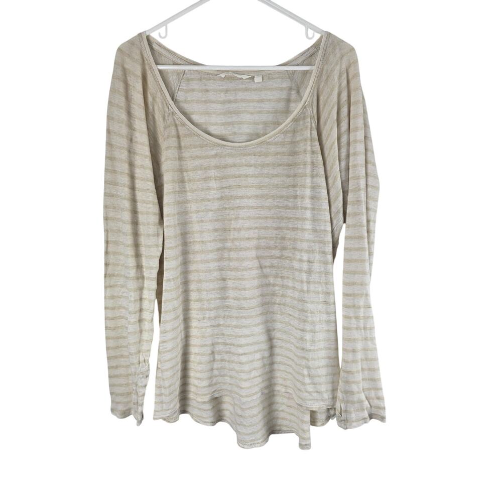 Athleta Striped Boat Neck Long Sleeve Top L Womens‎ Tan White Striped Normcore